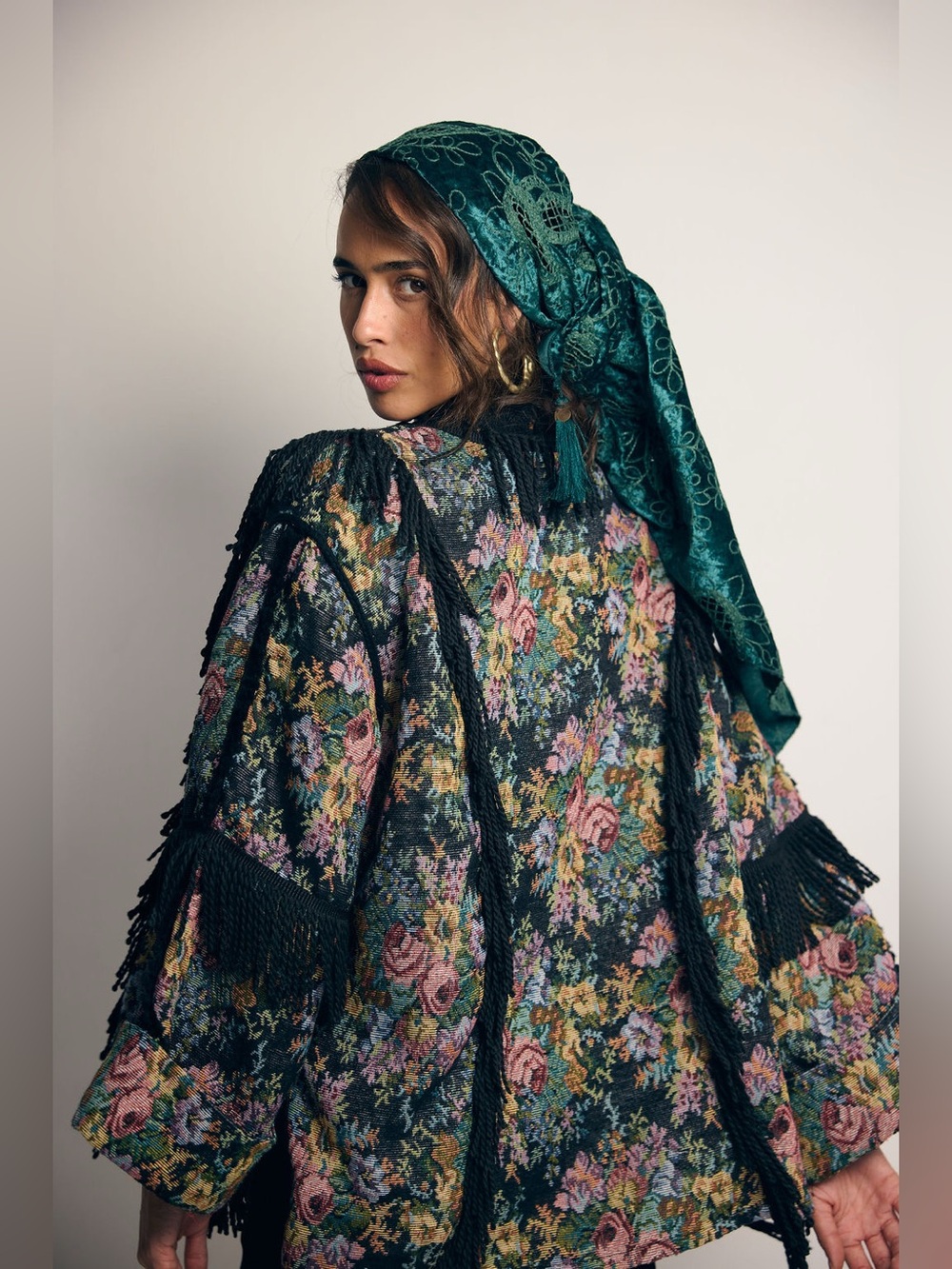 Floral Tapestry Fringe Jacket